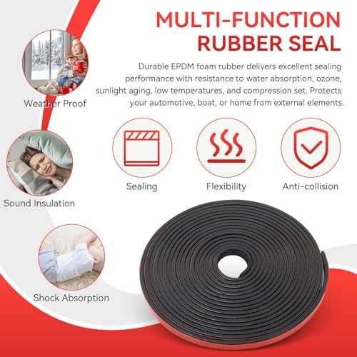 Ribbed Foam Rubber Seal, EPDM Rubber Weather Stripping with 3M 4011 Acrylic Foam Tape Self-Adhesive Bulkhead Seal Gasket Strip for Garage Door/Window/RV/Boat/Automotive/Marine (0.5" W, 25Ft)