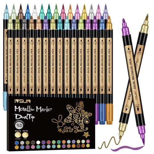 Metallic Marker Pens, 30 Colors Dual Tip Acrylic Paint Pens for Black Paper, Scrapbooking, Photo Album, Rock Painting, Paint Marker for DIY Arts & Crafts, Glass, Wood, Card Making, Scrapbook Supplies - color: 30 Colors