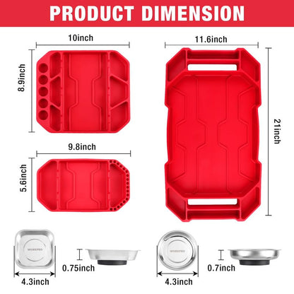 WORKPRO 5-Piece Non-Slip Tool Tray Set, 3-Piece Silicone Flexible Tools Organizers and 2-Piece Magnetic Parts Tool Tray, Tool Mat, Tool Holder, Tool Storage (Only Parts Tray Magnetic)
