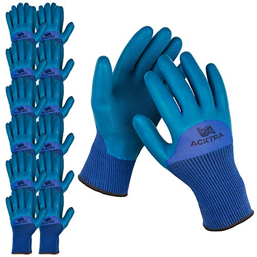 ACKTRA Premium Double Coated Nylon Safety WORK GLOVES 12 Pairs, Knit Wrist Cuff, Multipurpose, for Men & Women, WG017 Blue Polyester, Teal Latex, 3/4 coating, Small - color: Blue / Teal (3/4 Coating), size: Small (Pack of 12)