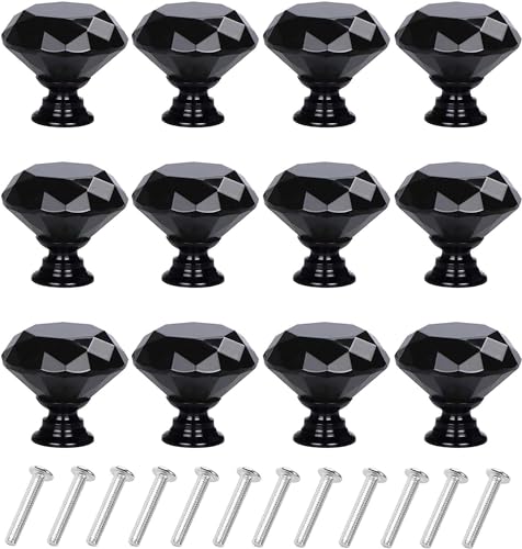 YourGift 6 Pack Drawer Knobs Diamond Shaped Crystal Glass 30mm Cabinet Knobs Pull Handles (30mm, 6 Pack, All Black) - color: All Black, size: 30 mm, 6 Pack