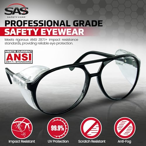 SAS Safety Safety Glasses | Polycarbonate Impact Resistant, Clear Lens Protective Eyewear | UV Protection | ANSI Z87.1 - size: One Size