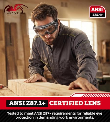 Tarantula ANSI Z87.1+ Safety Goggles Over Glasses, Anti-Fog & Anti-Scratch, Adjustable Strap, Lab Eye Protection, Woodworking - color: Clear & Grey