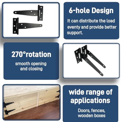 6 Pack 4 Inch Black Hinges T-Strap Hinges for Wood Doors, Steel Black Powder Coated Outdoor shed Door Hinges/barn Door Hinges, gate Hinges for Wooden Fences, Includes Screws (Light Duty) - size: 4IN-6PCS