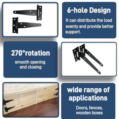 6 Pack 4 Inch Black Hinges T-Strap Hinges for Wood Doors, Steel Black Powder Coated Outdoor shed Door Hinges/barn Door Hinges, gate Hinges for Wooden Fences, Includes Screws (Light Duty) - size: 4IN-6PCS