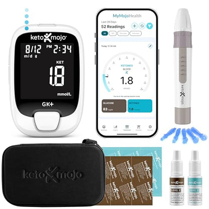 KETO-MOJO GK+ Bluetooth Glucose & Ketone Testing Kit + Free APP for Ketosis & Diabetes Support. 20 Blood Test Strips (10 Each), Meter, 20 Lancets, Lancing Device, and Control Solutions