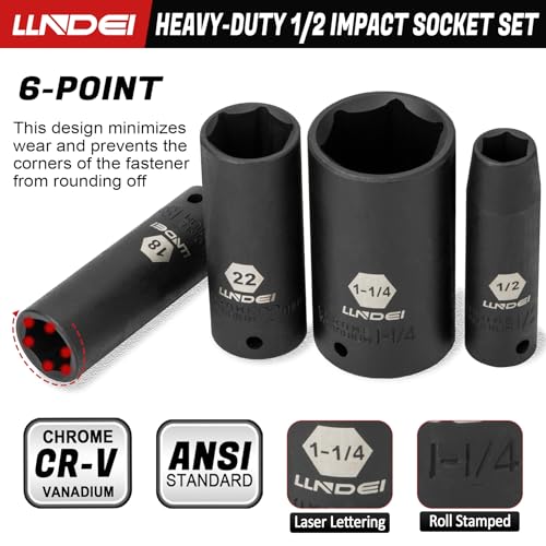 LLNDEI 1/2 inch Drive Deep Impact Socket Set, 37 Piece Standard SAE 3/8" to 1-1/4" | Metric 8 to 24mm, Includes Spark Plug Socket (16, 21mm), CR-MO Universal Joint, Extension Bars and Adapter - size: 37-piece 1/2" Drive Socket Set Sae & Metric