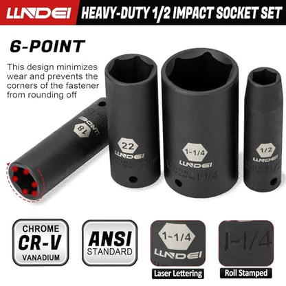 LLNDEI 1/2 inch Drive Deep Impact Socket Set, 37 Piece Standard SAE 3/8" to 1-1/4" | Metric 8 to 24mm, Includes Spark Plug Socket (16, 21mm), CR-MO Universal Joint, Extension Bars and Adapter - size: 37-piece 1/2" Drive Socket Set Sae & Metric