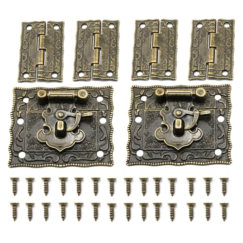 Vintage Bronze Alloy Latches and Wooden Box Hinges with Screw Kits for Decorating Small Wooden Jewelry Box Items -2 Set
