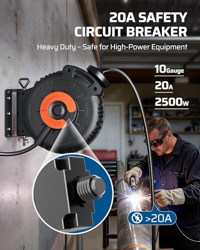 DEWENWILS 20Amp Retractable Extension Cord Reel, 30FT 2500W Heavy Duty Power Cord Reel, 10AWG/3C SJTW Industrial Cable, 4 Grounded Outlets, 180° Swivel Bracket for Garage Workshop Construction Site - style: 10AWG/3C 30FT