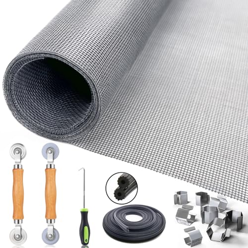 King&Charles Window Screen Door Repair/Replacement Kit, Include Gray Screen Mesh 48"x118"+ 2 Roller+50Ft Spline+8Clips+Hook, 6 in 1 Window Mesh Kit, Steel/Nylon Bearing Roller - color: Gray, size: 48"×118" Kit