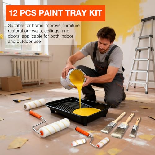 Paint Tray Set, 12 Pack Paint Tray with Liner, Paint Brush for Wall, Paint Roller Covers Liners with Wire Roller Frame for Home Improve Painting Walls, Ceilings, Trim, Siding - color: 12 Pack, 9" Paint Trays