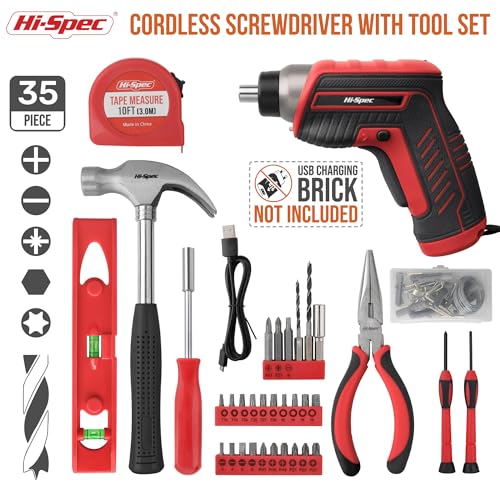 Hi-Spec 35pc Red Tool Kit with 3.6V USB Electric Screwdriver and Drill Set. Complete Basic Tool Set - color: Red, size: 35 Pieces
