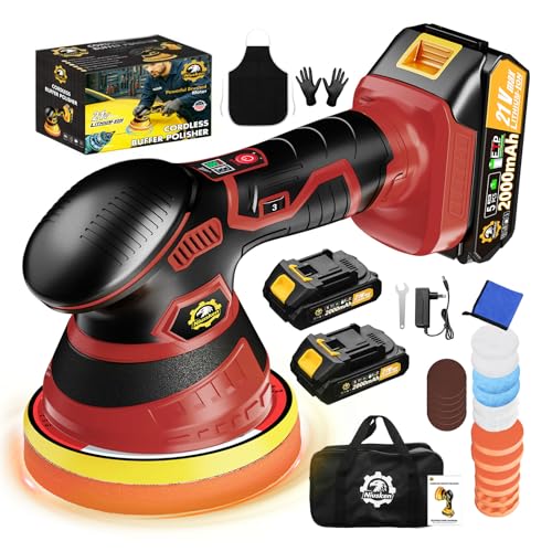 Cordless Car Buffer Polisher kit [2x 2000mAh 21V Batteries & 18 PCS Attachments] 6-Speed Orbital Design, LED Display, Lightweight Detailing Tool for Waxing, Polishing & Scratch Removal-Red - color: Red