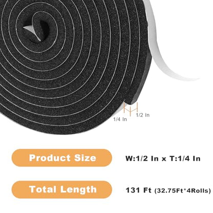 Foam Insulation Tape self Adhesive,1/2In x 1/4In x 131Ft Weather Stripping for Doors and Windows,Sound Proof soundproofing Door Seal,Weatherstrip,Pipe Cooling, Air Conditioning Seal Strip - size: 1/2In x 1/4In x 131Ft