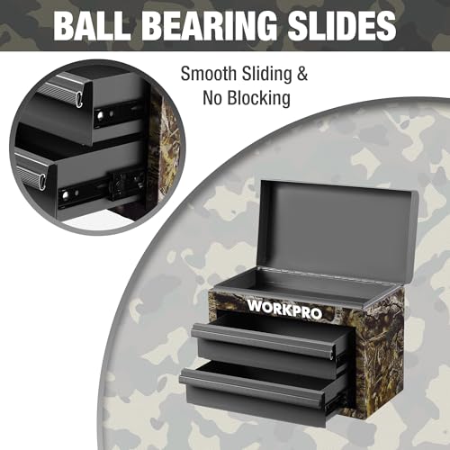 WORKPRO Metal Mini Tool Box, Top Tool Chest containing Two Drawers with Ball Bearing Slides, PVC Drawer Liners and PP Feet Pads, Durable Cold Rolled Steel Small Toolbox for Multi-Purpose Storage - color: Green Camo