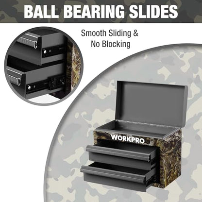 WORKPRO Metal Mini Tool Box, Top Tool Chest containing Two Drawers with Ball Bearing Slides, PVC Drawer Liners and PP Feet Pads, Durable Cold Rolled Steel Small Toolbox for Multi-Purpose Storage - color: Green Camo