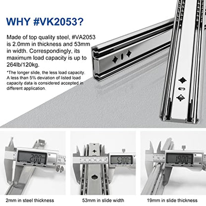 VADANIA 20" Soft Close Heavy Duty Drawer Slides, #K53, Up to 265lb Load Capacity, 3-Fold Full Extension, Ball Bearing, Side Mount, 1-Pair - color: #K53 - Soft Close, size: 20 Inch