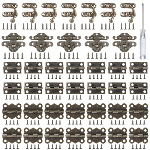 108 Sets Retro Jewelry Box Hinges and Latches Hardware, Antique Brass Finish Iron Hinges with Screws Screwdriver for Wooden Jewelry Box, Decorative Cabinet, Vintage Trunk Repair(Catch*36 + Hinges*72)