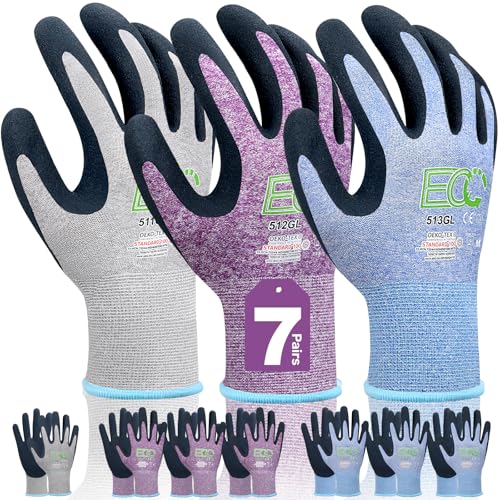 7 Pairs Women Gardening Gloves, EN388 2131X Outdoor Protective Work Gloves with Breathable Micro-Foam Coating for Gardening, General Purpose, Courtyard, 3 Purple + 3Blue +1 Grey - size: Medium