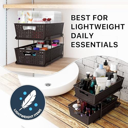 Simple Houseware 2 Tier Bathroom Organizer Tray Pull-Out Sliding Drawer, Under Sink Storage, Brown - color: Brown