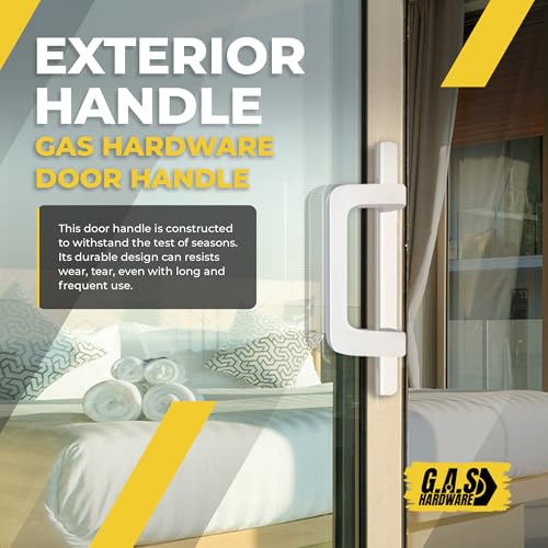 8.5" White PGT Sliding Glass Patio Door Complete Handle Set Replacement Repair Kit Set | Mortise Lock, Keepers, Screws, Thumb Latch Lever, Locking Mechanism | 45 Degrees + 3-15/16" Hole Spacing - color: White