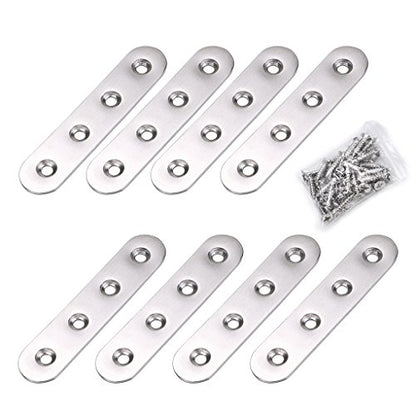 Sumnacon 8Pcs Stainless Steel Flat Plates - 4 Inch Heavy Duty Mending Plate Straight Corner Brace Brackets Connector Furniture Repair Fixing Joint with Screws, Silver - size: 4 Inch Silver