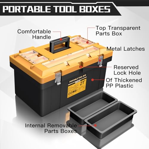 4-In-1 Tool Box Set,Toolbox with 8 Removable Trays,Top with Transparent Parts Box,15 IN+17 IN+19 IN+21 IN,Portable Tool Box Organizer with Metal Buckle,for Garage Tool Storage and Professional Work