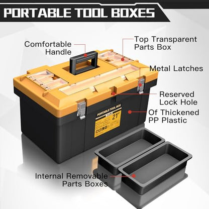 4-In-1 Tool Box Set,Toolbox with 8 Removable Trays,Top with Transparent Parts Box,15 IN+17 IN+19 IN+21 IN,Portable Tool Box Organizer with Metal Buckle,for Garage Tool Storage and Professional Work