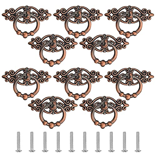 WMYCONGCONG 10 PCS Vintage Drop Ring Drawer Pulls Handles 2.52" x 1.65" Antique Bronze Dresser Ring Pulls for Furniture Hardware Cupboard Dresser Wooden Case Box