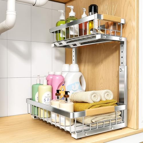 PXRACK Under Sink Organizer, Adjustable Height, 2 Tier Pull Out Cabinet Organizer, Slide Out Thickened Metal Storage for Kitchen Bathroom Laundry Pantry Cabinet, Stainless Steel, Silver, Large-1-Pack - color: Silver, size: Large-1-Pack