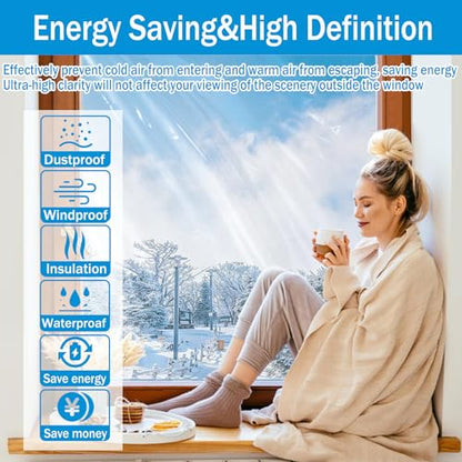 Window Insulation Kit, 63 × 394 Inch Plastic Window Covering for Winter, Window Insulation Film Window Wrap Insulation Windows Winterizing Kit with Double-Sided Tape for 10 Pcs 3 x 5 Ft Windows - size: 63 × 394 Inch