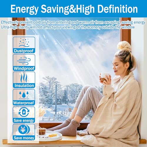 Window Insulation Kit, 63 × 394 Inch and 87 x 110 inch Plastic Window Covering for Winter, Window Insulation Film Window Wrap Insulation Windows Winterizing Kit with Double-Sided Tape - size: 63 × 394 Inch and 87 x 110 inch