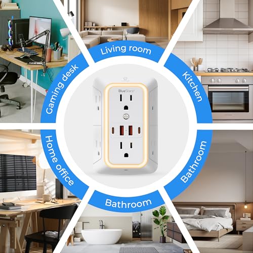 Wall Mount Power Strips Wall Charger 6 Outlet Extender 4 USB Ports (5V, 2.4A, 12W) and Night Light 3-Sided Power Strip with Adapter Spaced Outlets - Multi Plug Outlet Surge Protector for Home Office