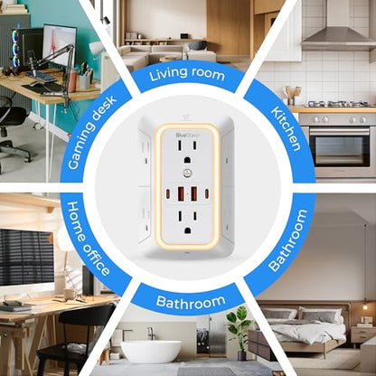 Wall Mount Power Strips Wall Charger 6 Outlet Extender 4 USB Ports (5V, 2.4A, 12W) and Night Light 3-Sided Power Strip with Adapter Spaced Outlets - Multi Plug Outlet Surge Protector for Home Office