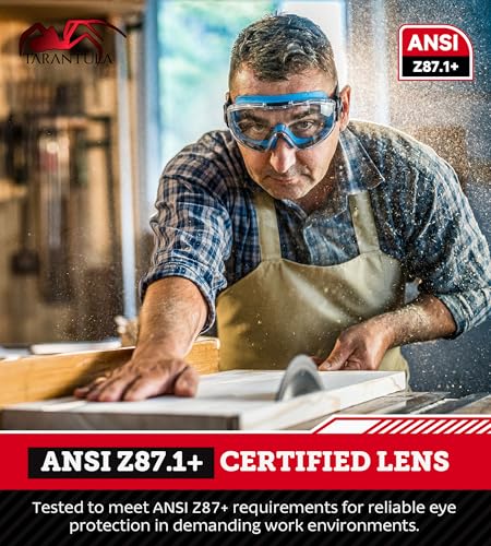 Tarantula ANSI Z87.1+ Safety Goggles Over Glasses, Anti-Fog & Anti-Scratch, Adjustable Strap, Lab Eye Protection, Woodworking - color: Clear & Blue
