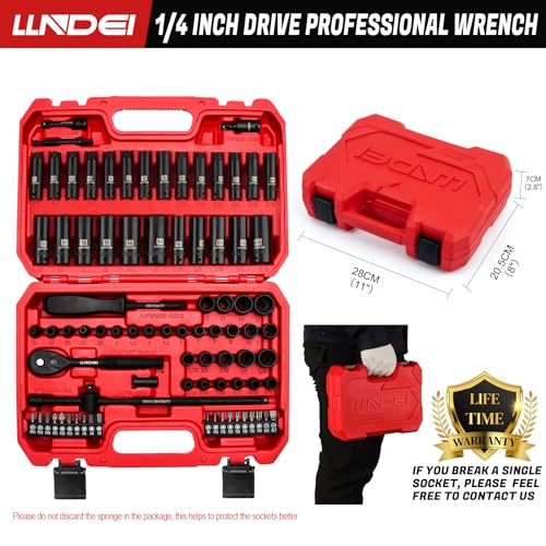 LLNDEI 1/4 inch Drive Impact Socket Set 83 Piece,Standard SAE(5/32-9/16 inch) Metric Size(4-15mm),72T Ratchet Wrench Handle,CR-V Mechanics Tool Set with Adapter,Screwdriver Bits for Automotive Repair - size: 83-piece 1/4" Drive Impact Socket Set