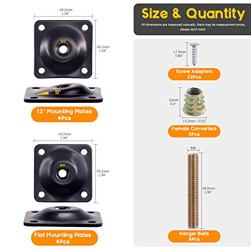 8 Sets M8 Furniture Leg Mounting Plates, 5/16" Heavy Duty Flat and Angled Leg Attachment Plates Kit with T-Plate Hanger Bolts Screws for Strengthen Sofas Couches Seat