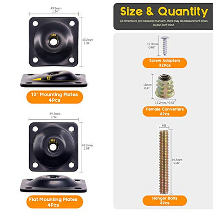 8 Sets M8 Furniture Leg Mounting Plates, 5/16" Heavy Duty Flat and Angled Leg Attachment Plates Kit with T-Plate Hanger Bolts Screws for Strengthen Sofas Couches Seat