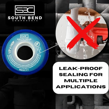 South Bend Components 1/2 Inch x 1429 Inch 70885 PTFE Thread Seal Tape – Teflon Tape for Plumbing, Gas, Water, and Air Systems | Leak-Proof, Durable Thread Tape for Metal and Plastic Pipes (3-Pack)