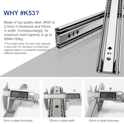 VADANIA 40" Soft Close Heavy Duty Drawer Slides, #K53, Up to 265lb Load Capacity, 3-Fold Full Extension, Ball Bearing, Side Mount, 1-Pair - color: #K53 - Soft Close, size: 40 Inch