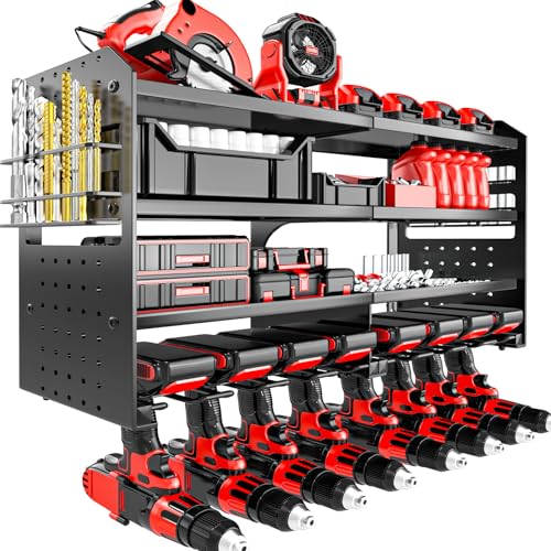 Power Tool Organizer Wall Mount, Metal 4 Layer Heavy Duty Metal Power Tool Storage Rack, Garage Drills Storage Shelves with Screwdriver Holder Plier Holder (Black, 8 Drills Holder) - color: Black, size: 1PC 8 Drills Holder