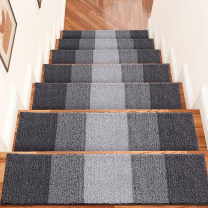 OLANLY Stair Treads Non Slip 15PCS, 8" x 30" Indoor Stair Runners for Wooden Steps, Edging Stair Rugs with Reusable Peel and Stick Adhesive for Kids Elders and Pets, Grey - color: Grey
