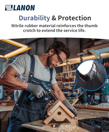 LANON Cut Resistant Gloves, Knife Protection Level D, Nitrile Coating with Honey Comb Pattern, ANSI A4 Cut Work Gloves, Reinforced Thumbs, 3D Comfort Fit, Breathable, Mechanical, Touchscreen,Medium - size: Medium