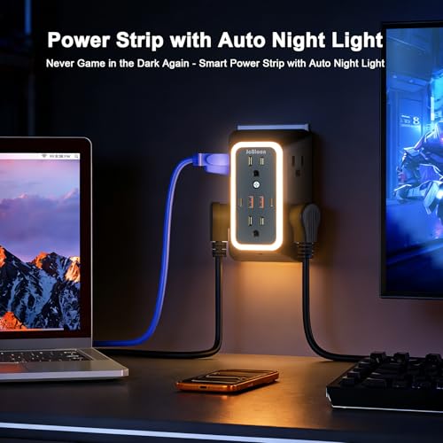 Wall Outlet Extender with Night Light, Power Plug Adapter 6 Outlet Extender with 4 USB Charging Ports（2 USB C）,1050J Power Strip Multi Plug Adapter Spaced for Home Office Travel-Black - color: Black-1Pcs