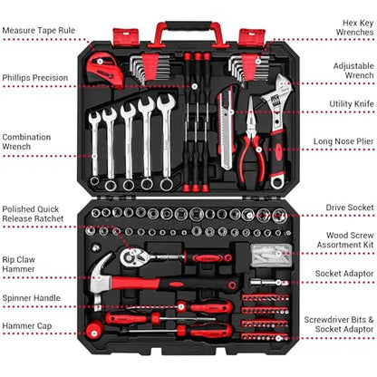 DEKOPRO Tool Set:158 Piece Home Tool Kit, Household Basic Repair Tool Set Comes with Plastic Storage Case-Red - color: Red