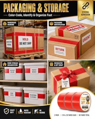 Red Duct Tape Heavy Duty: 3Rolls*2IN*20Yards Wide Waterproof Outdoor Duck Furniture Repair Tape Bulk - Strong Adhesive Weather UV Resistant No-Residue Masking Tapes Patterns Variety - color: Red, size: 3*2in*20yards