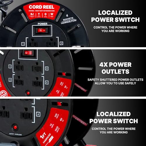 1ft Cord Reel, Retractable Extension Lead with Winding Handle, Safety Overload Circuit Breaker and Power Switch, 4x Grounded Outlets, 13amps, 14AWG Cable