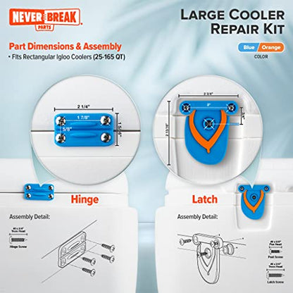 NeverBreak Parts - Igloo Cooler Replacement Parts - Large Repair Kit | High Strength Igloo Cooler Hinges Replacement with Latches | Ice Chest Repair Kit - color: Blue with Blue & Orange Flip-Flops