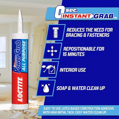 Loctite Power Grab Express All Purpose Construction Adhesive, 9 fl oz Cartridge, 1 Pack - Versatile Construction Glue for Cement, Tile, Wall & More - size: 1 Pack, style: 9 fl oz